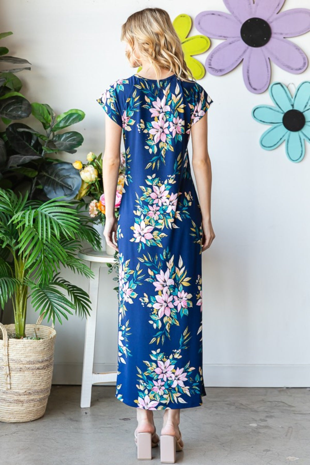 Blue Floral Short Sleeve Slit Dress