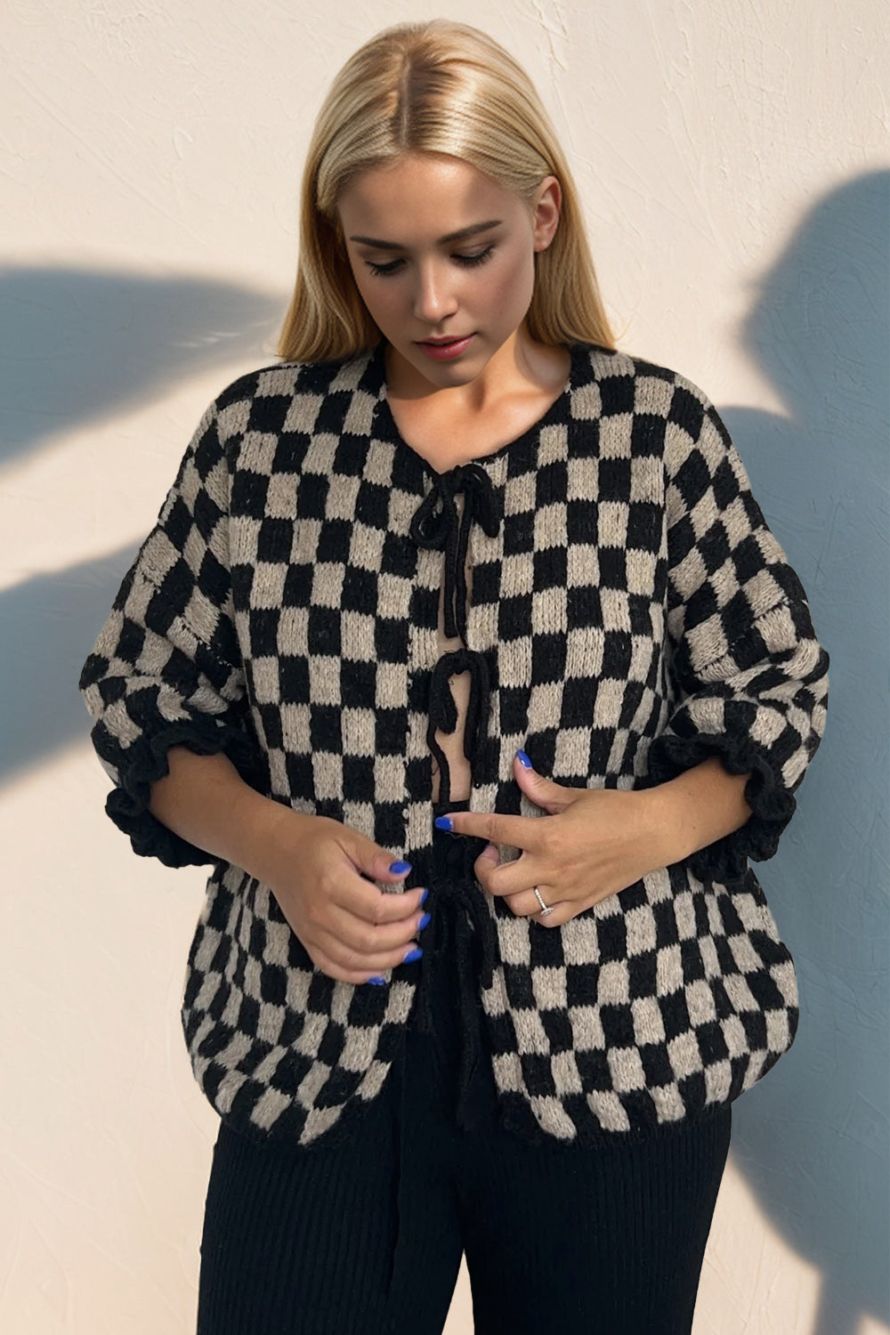 Tied Checkered Flounce Sleeve Cardigan - 7 Color Options