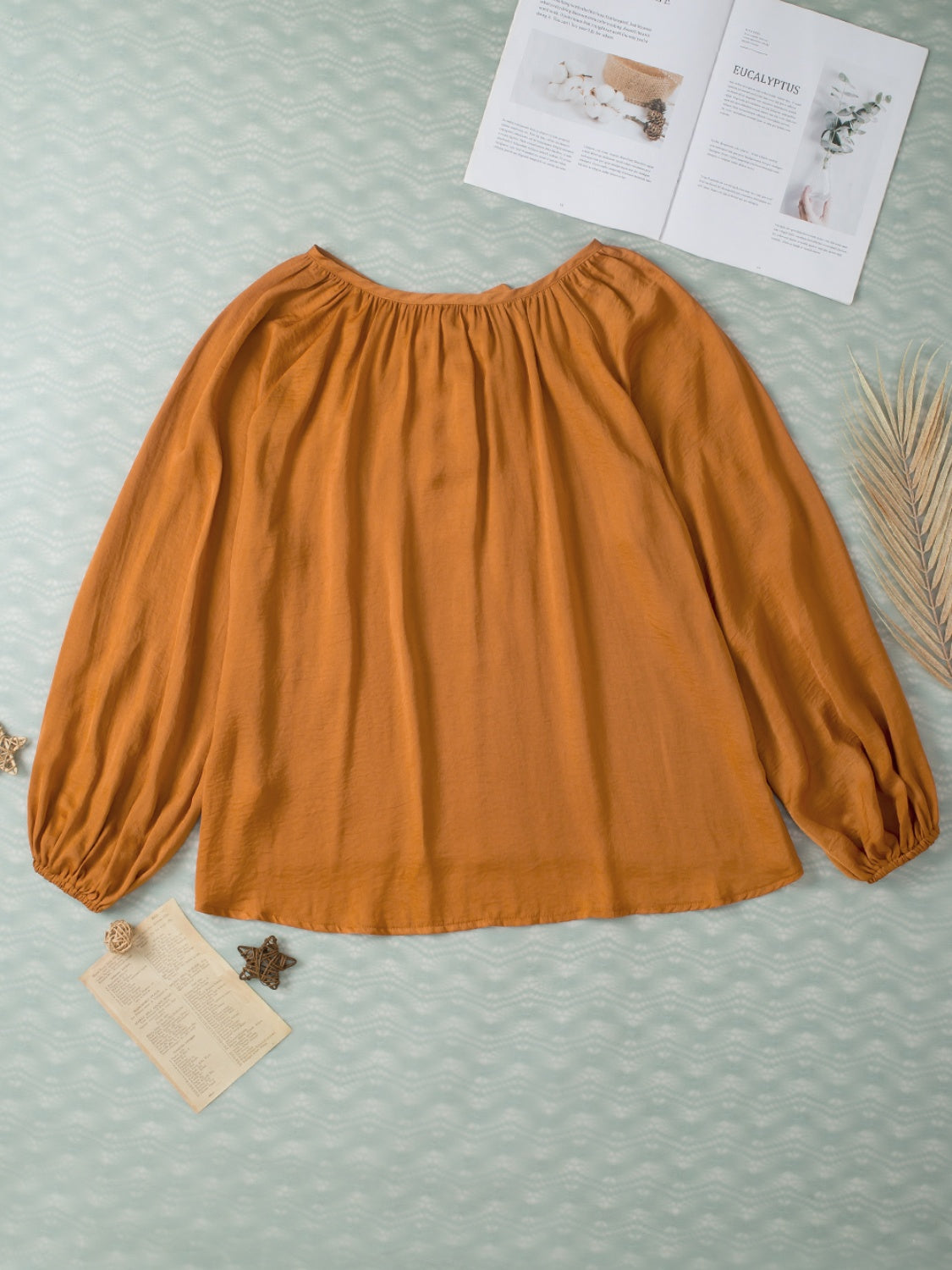 Tie Neck Balloon Sleeve Blouse in Copper