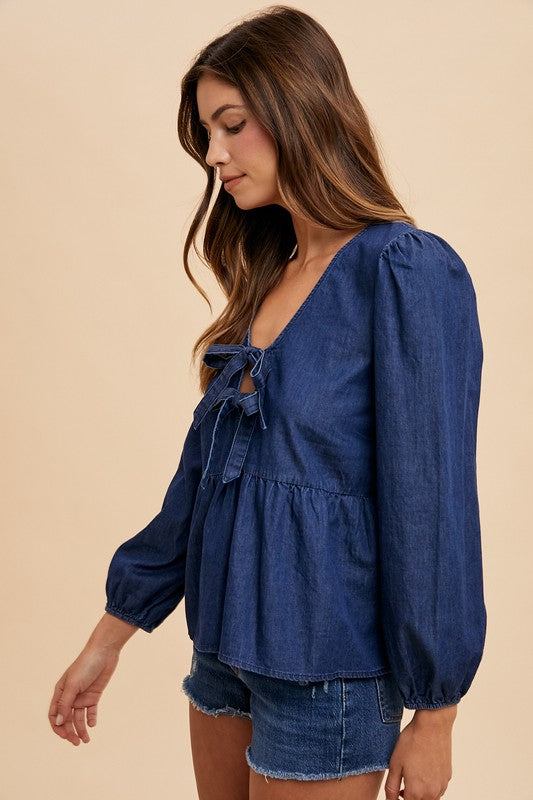 Tie Front Peplum Long Sleeve Denim Top