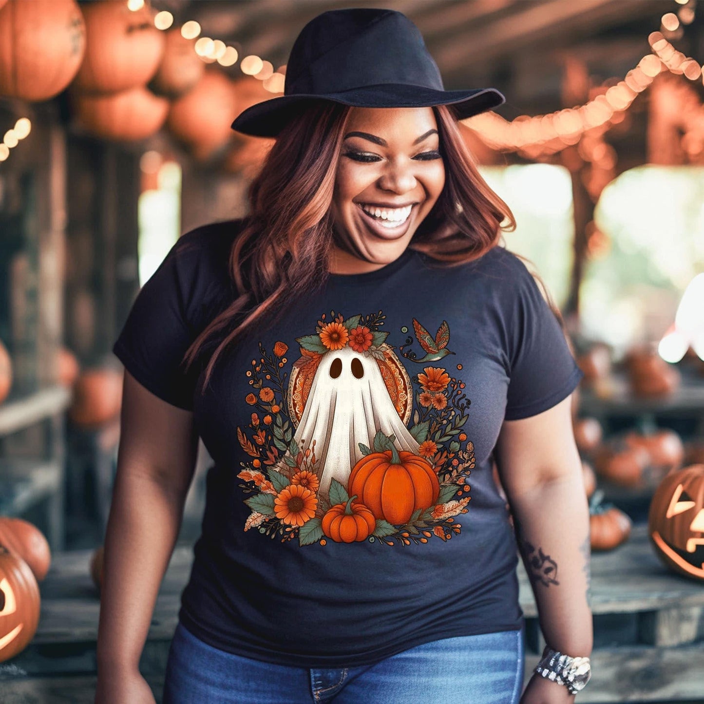 Boho Pumpkin Floral Ghost Graphic Tee