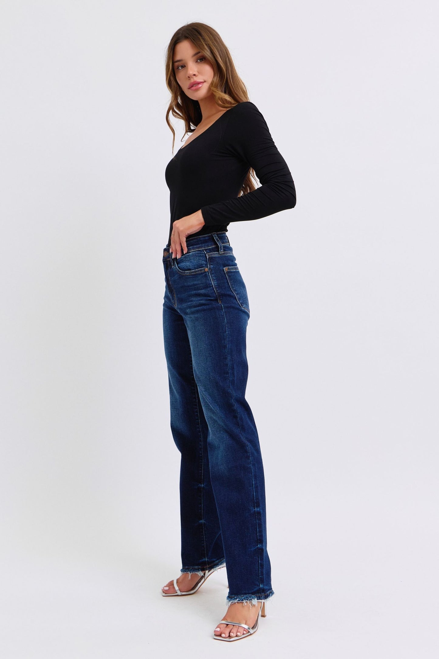 Judy Blue Frayed Hem Straight Leg Dark Wash Jeans