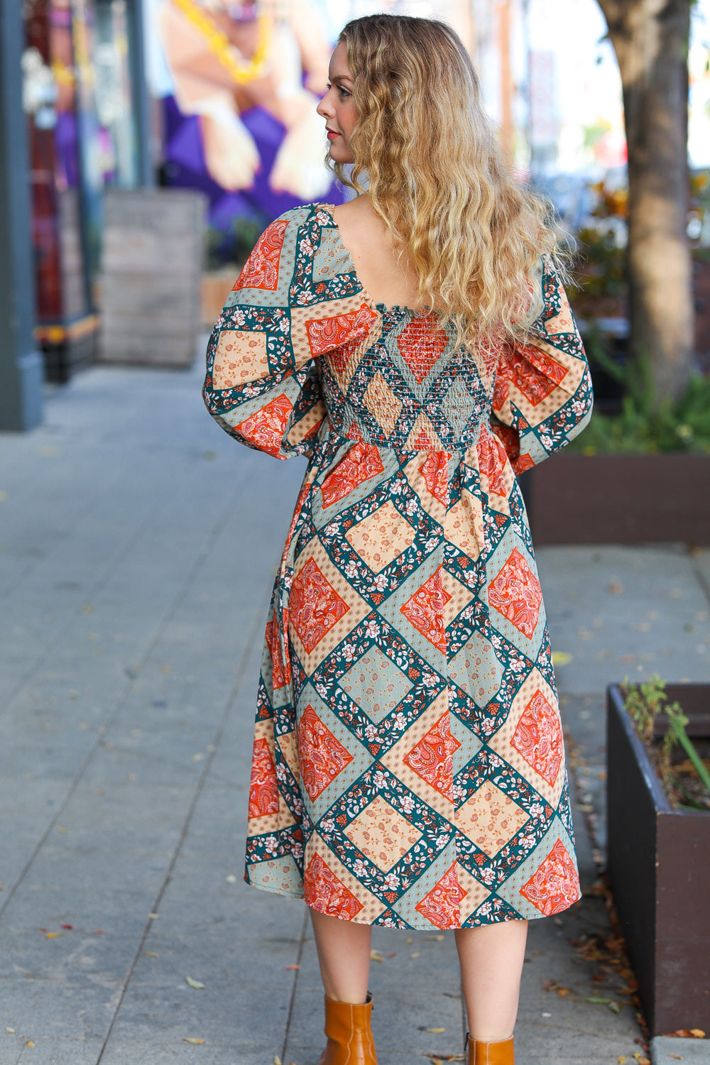 Rust & Teal Boho Smocked Woven Midi Dress