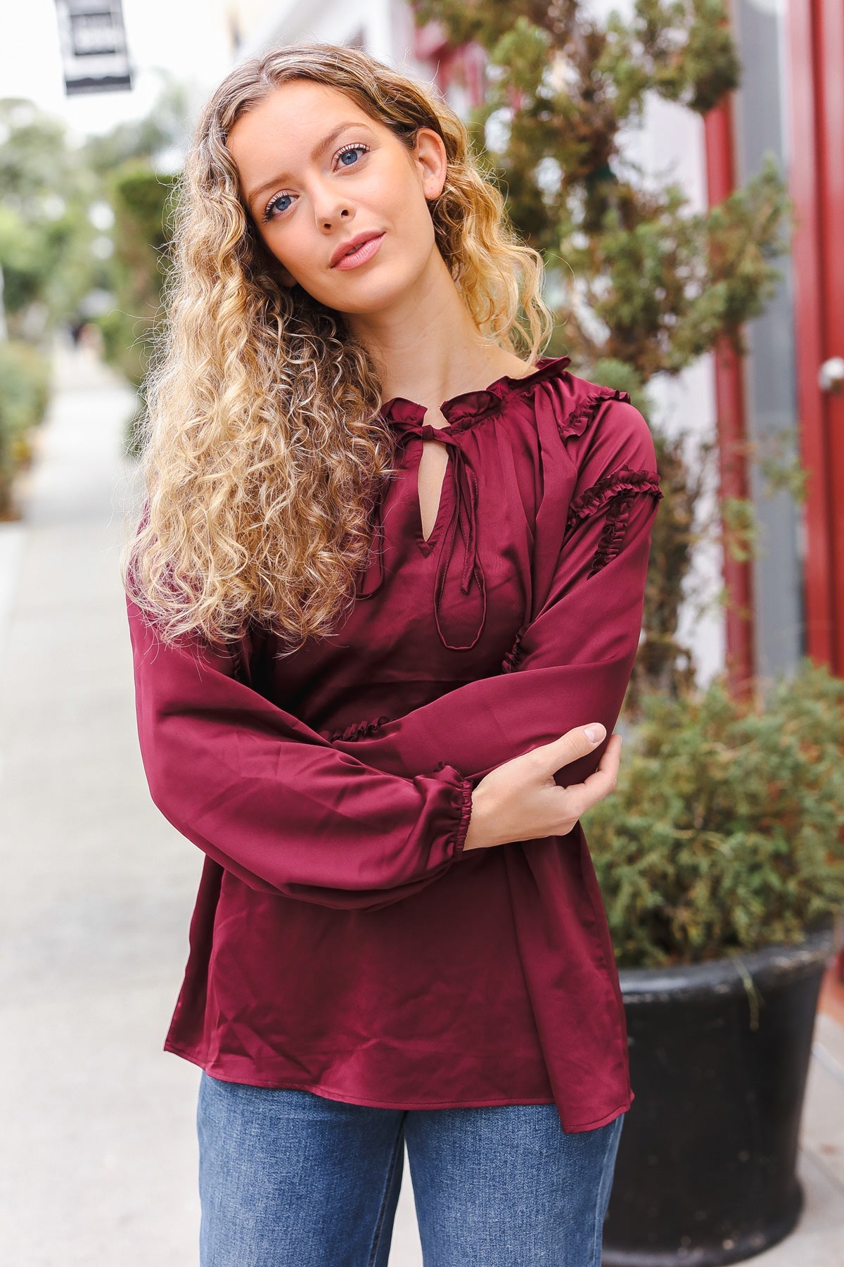 Holiday Vibes Burgundy Frill Detail Tie Neck Satin Top