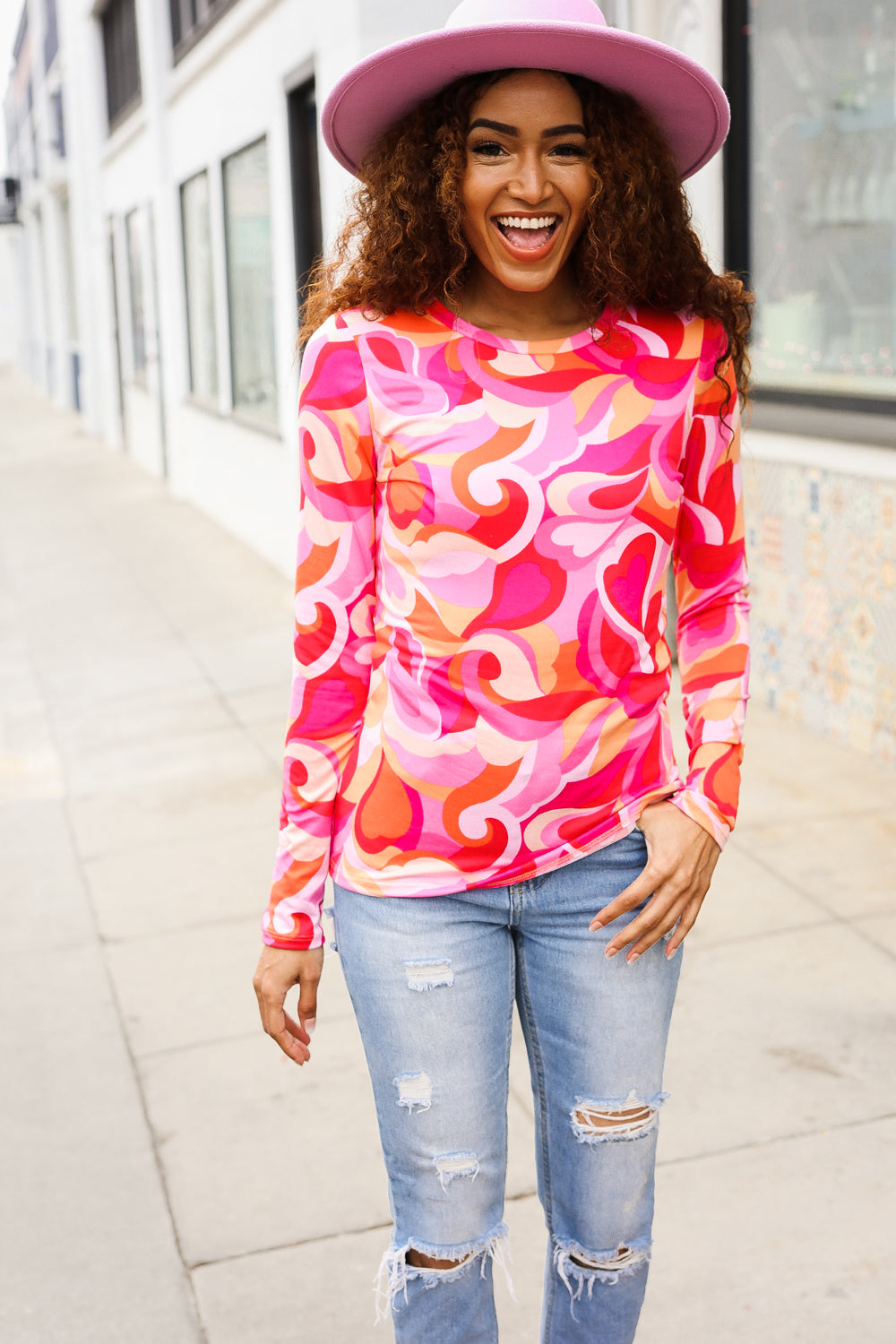 Find Love Red/Pink Fitted Floral Print Buttery Soft Knit Top