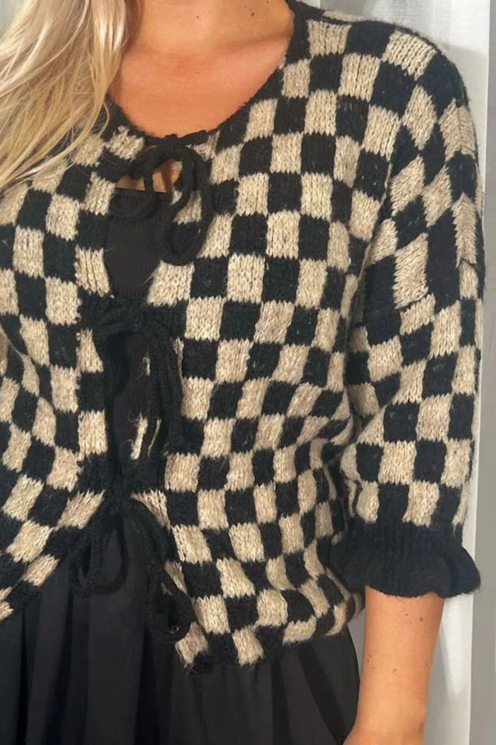 Tied Checkered Flounce Sleeve Cardigan - 7 Color Options