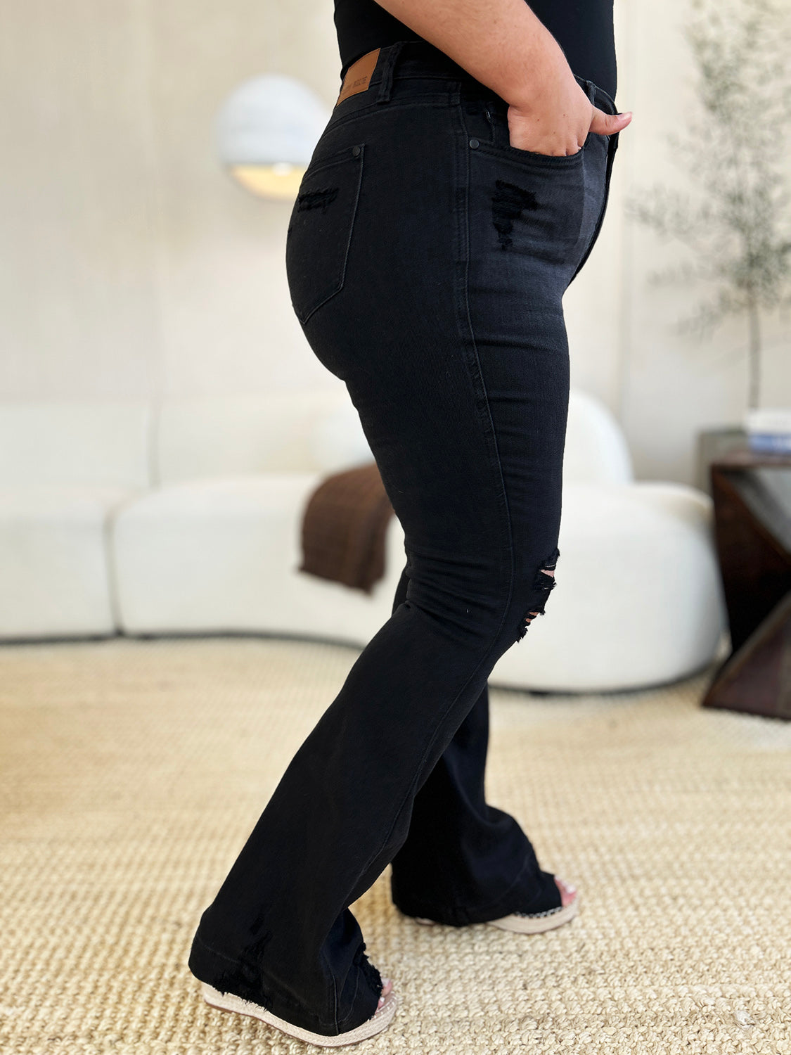 Judy Blue High Waist Distressed Flare Jeans in Black