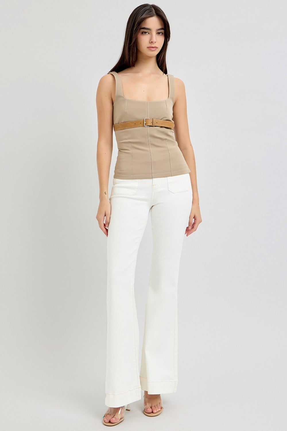 RISEN Front Patch Pocket Flare Jeans in Cream