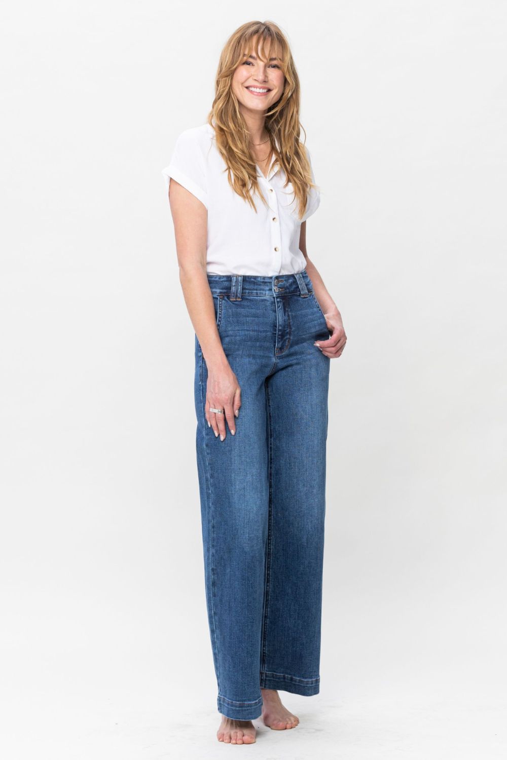 Judy Blue High Rise Double Button Crisscross Detail Wide Leg Jeans