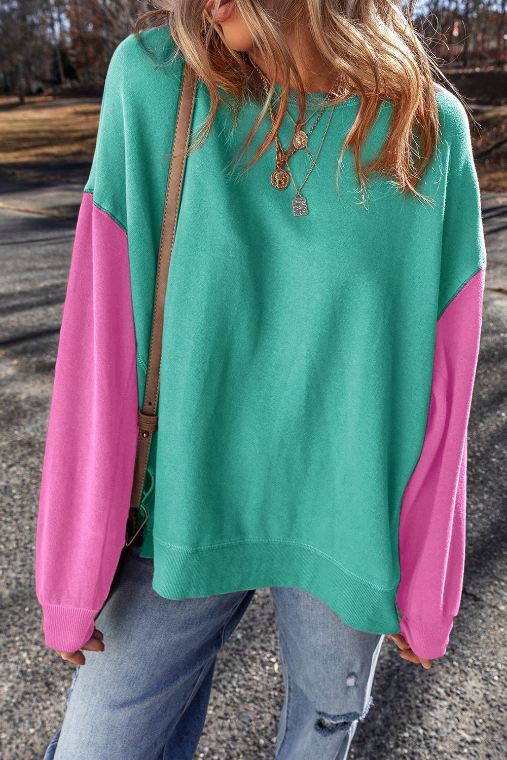 Contrast Sleeve Long Length Sweatshirt