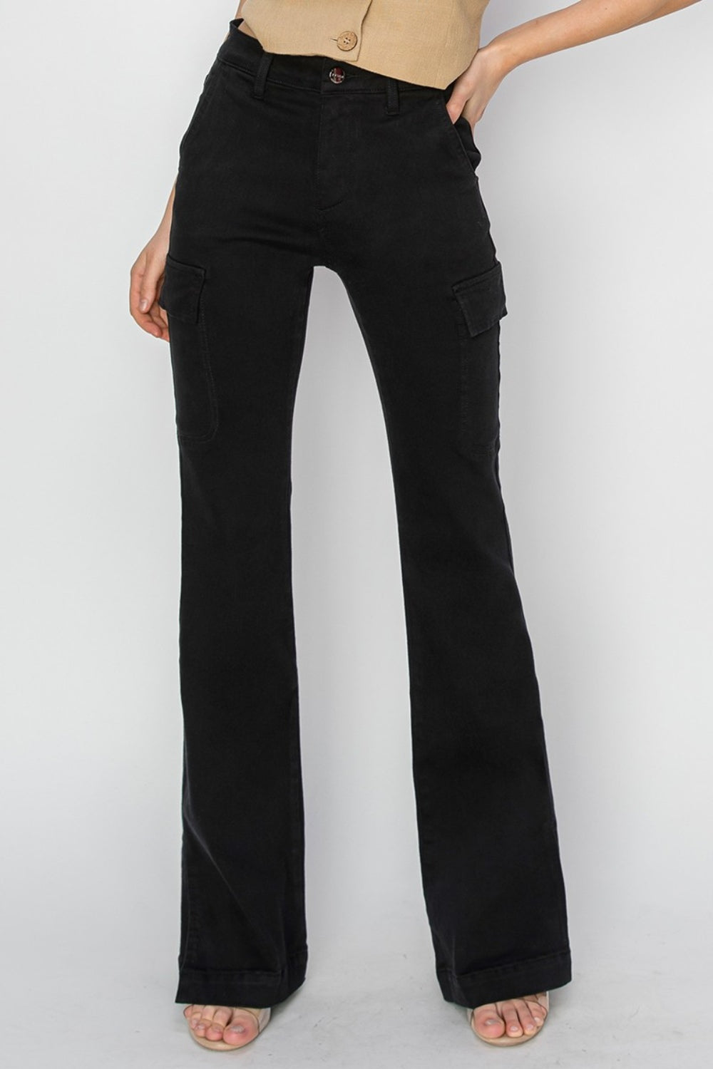 RISEN High Rise Side Slit Cargo Bootcut Jeans in Black