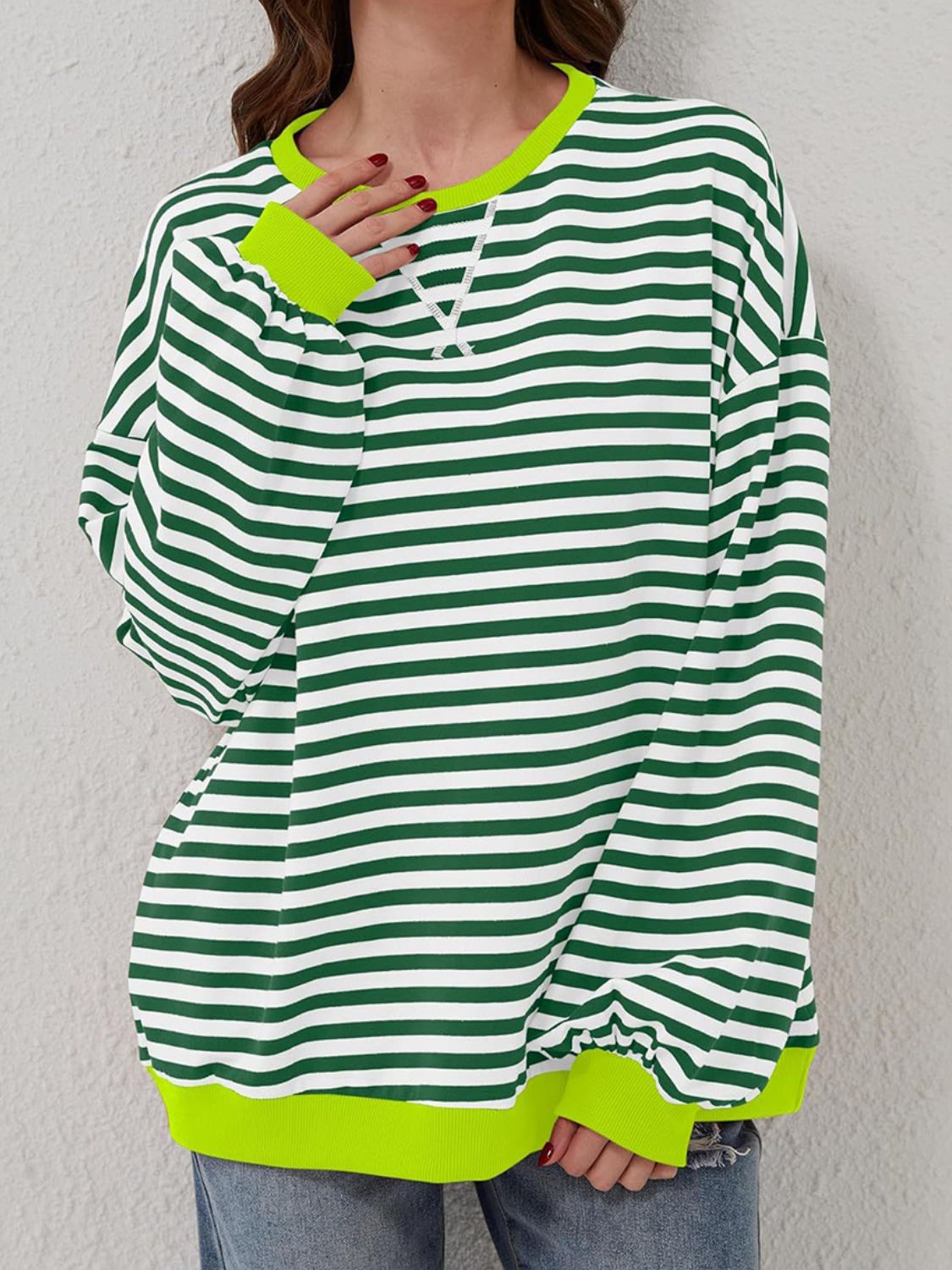 Contrast Striped Long Sleeve Oversized T-Shirt