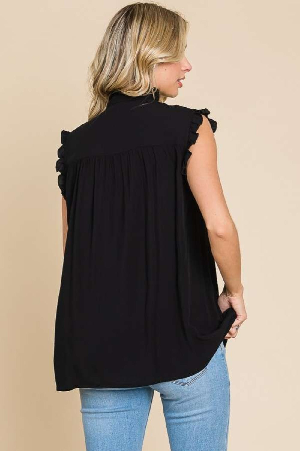 Frill Edge Smocked Black Sleeveless Top