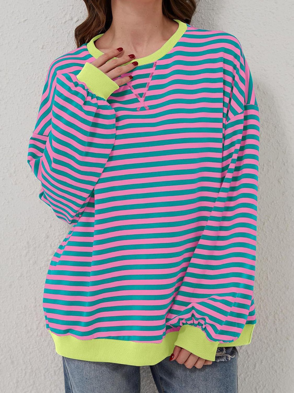 Contrast Striped Long Sleeve Oversized T-Shirt