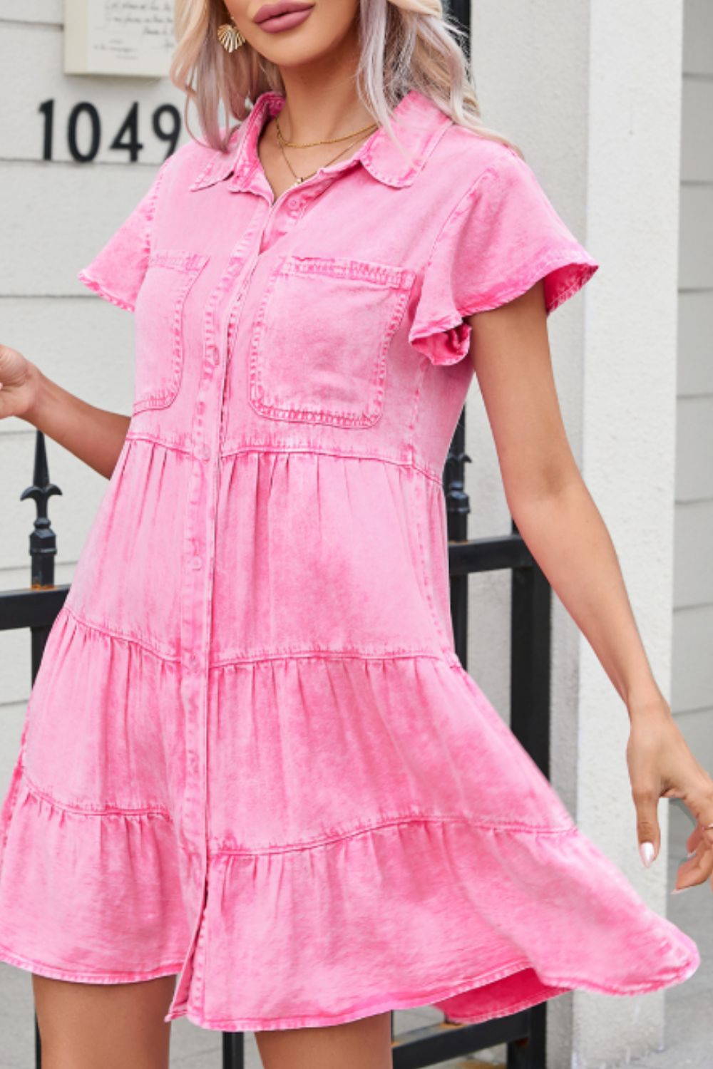 Flounce Sleeve Tiered Denim Dress in Mineral Pink