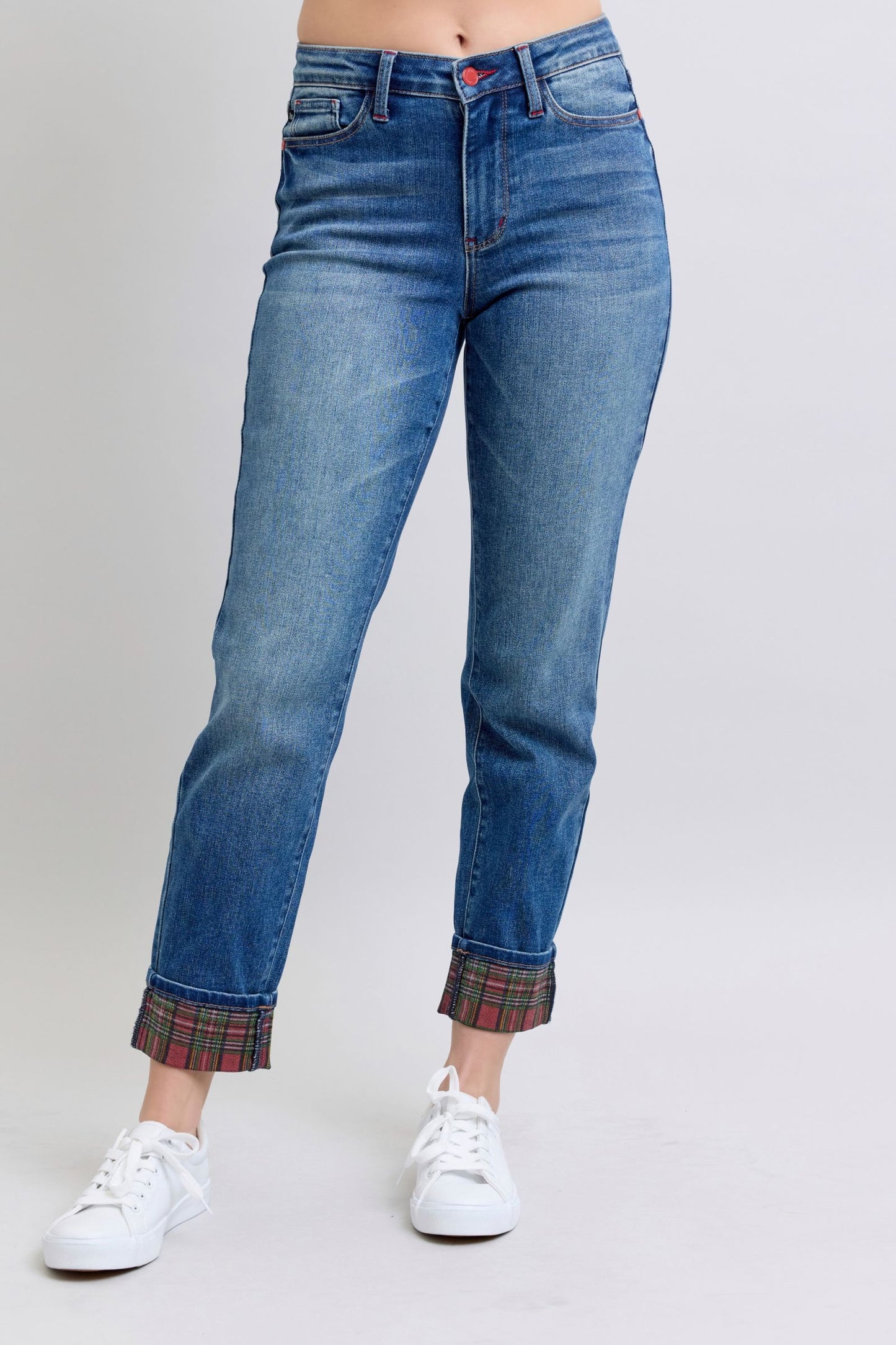 Judy Blue Plaid Cuff Straight Leg Jeans