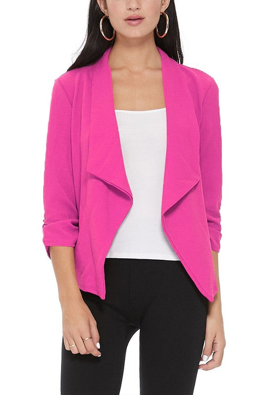 Waterfall Ruched 3/4 Sleeve Solid Blazer - 16 Color Options