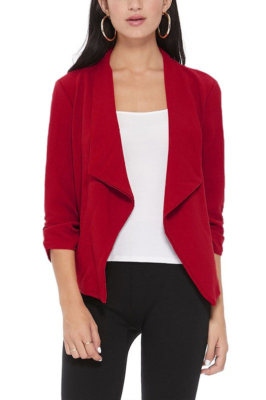 Waterfall Ruched 3/4 Sleeve Solid Blazer - 16 Color Options