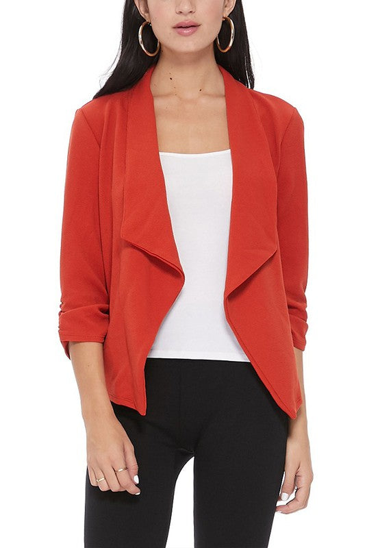 Waterfall Ruched 3/4 Sleeve Solid Blazer - 16 Color Options