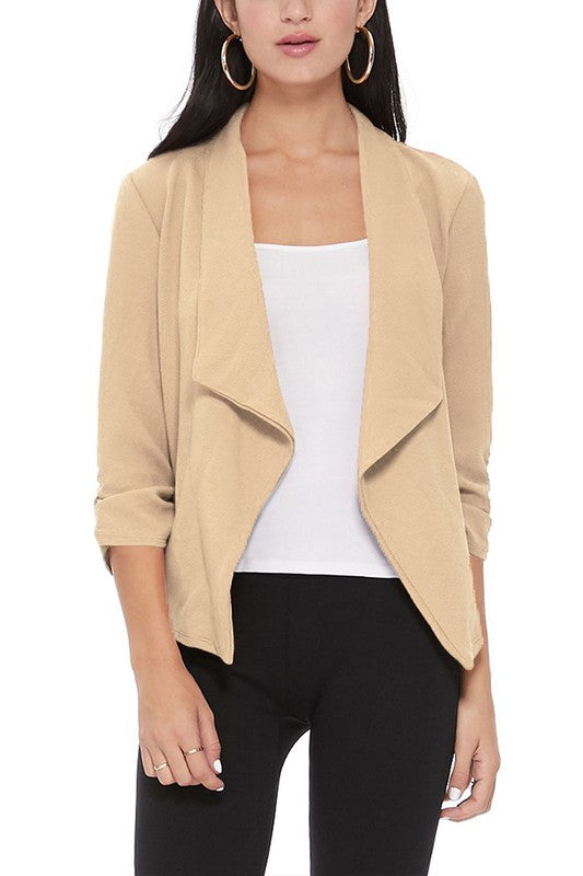 Waterfall Ruched 3/4 Sleeve Solid Blazer - 16 Color Options