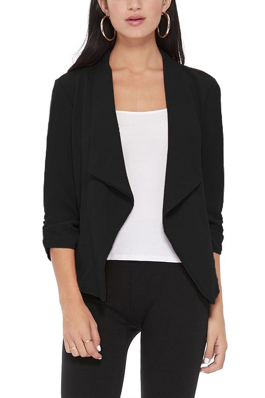 Waterfall Ruched 3/4 Sleeve Solid Blazer - 16 Color Options