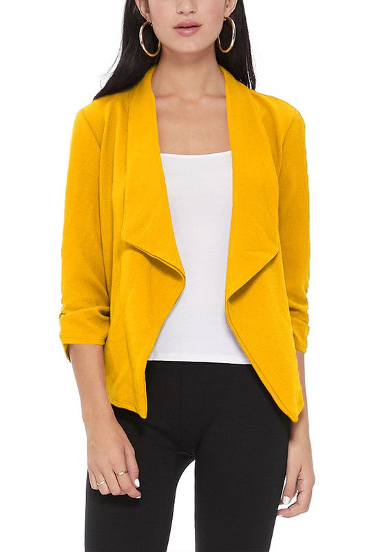 Waterfall Ruched 3/4 Sleeve Solid Blazer - 16 Color Options