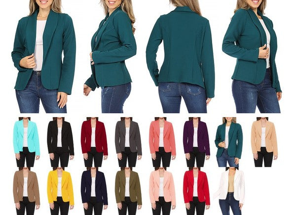 Mid Length Open front Long Sleeve Blazer - 16 Color Options