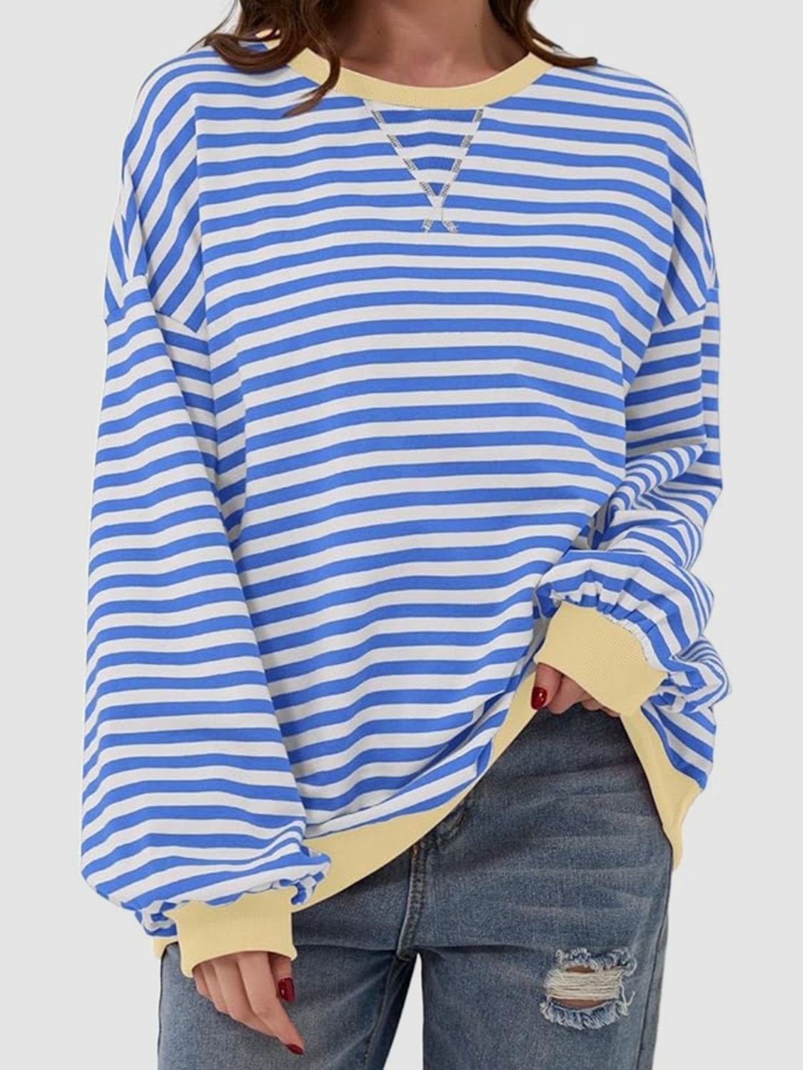 Contrast Striped Long Sleeve Oversized T-Shirt