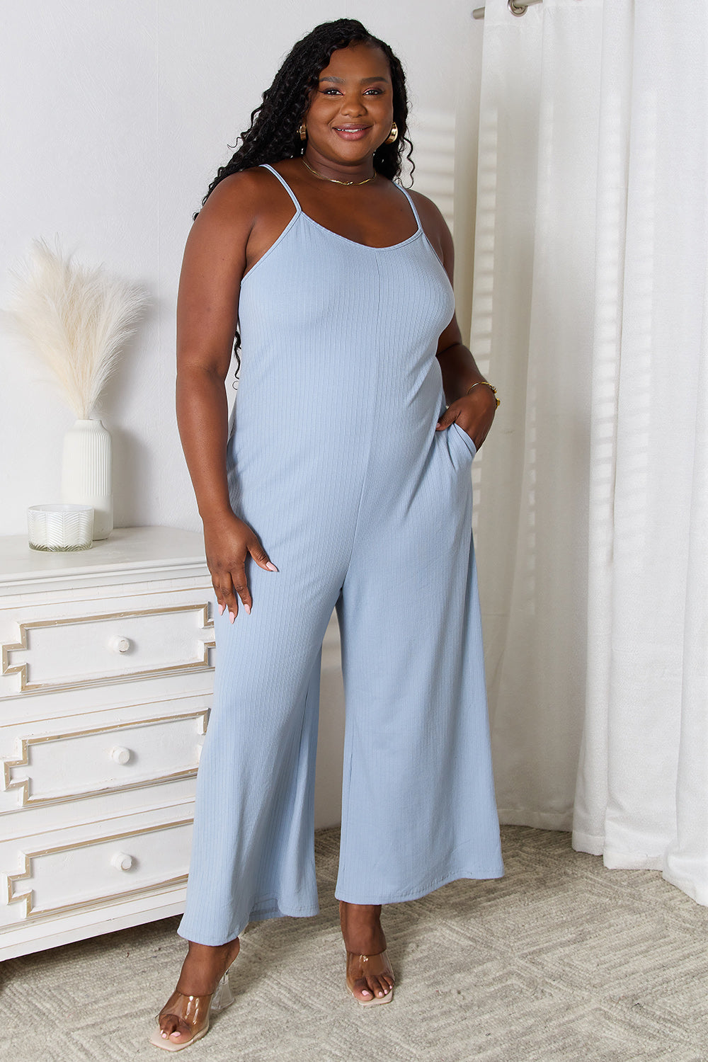 Spaghetti Strap Textured Jumpsuit - 3 Color Options