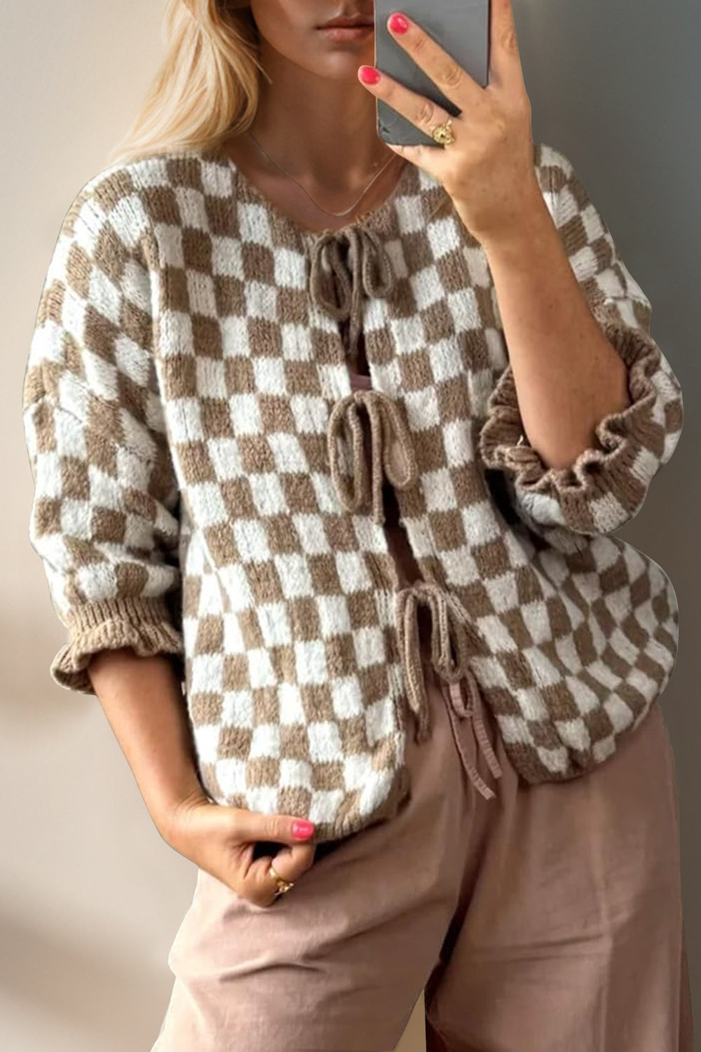 Tied Checkered Flounce Sleeve Cardigan - 7 Color Options