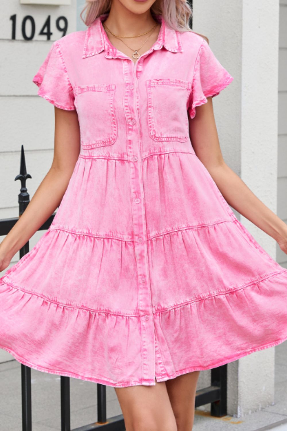 Flounce Sleeve Tiered Denim Dress in Mineral Pink