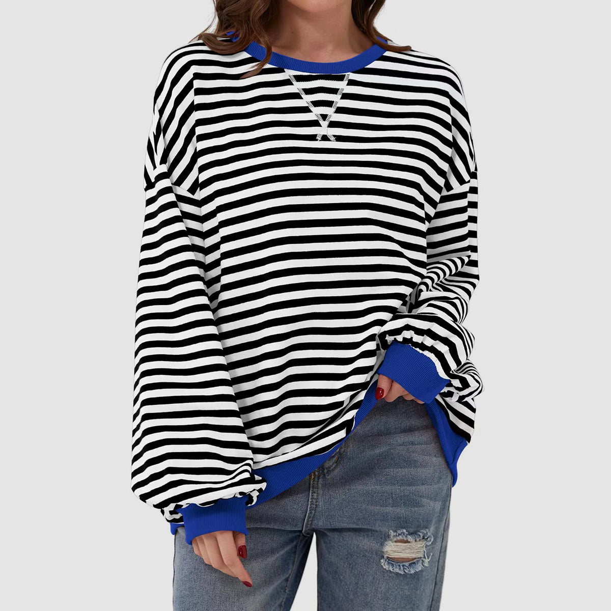 Contrast Striped Long Sleeve Oversized T-Shirt