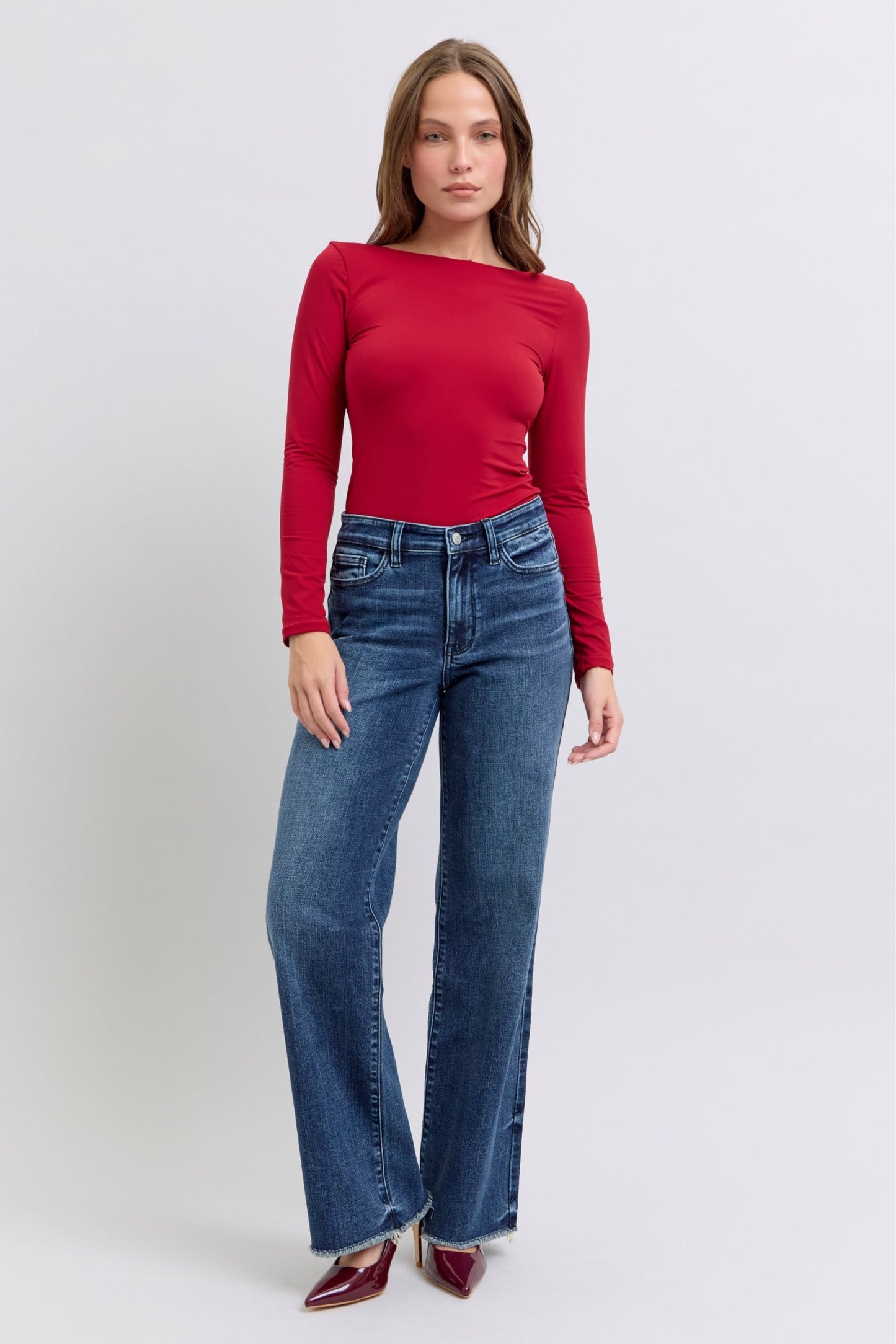 Judy Blue Mid Rise Raw Hem Wide Leg Jeans