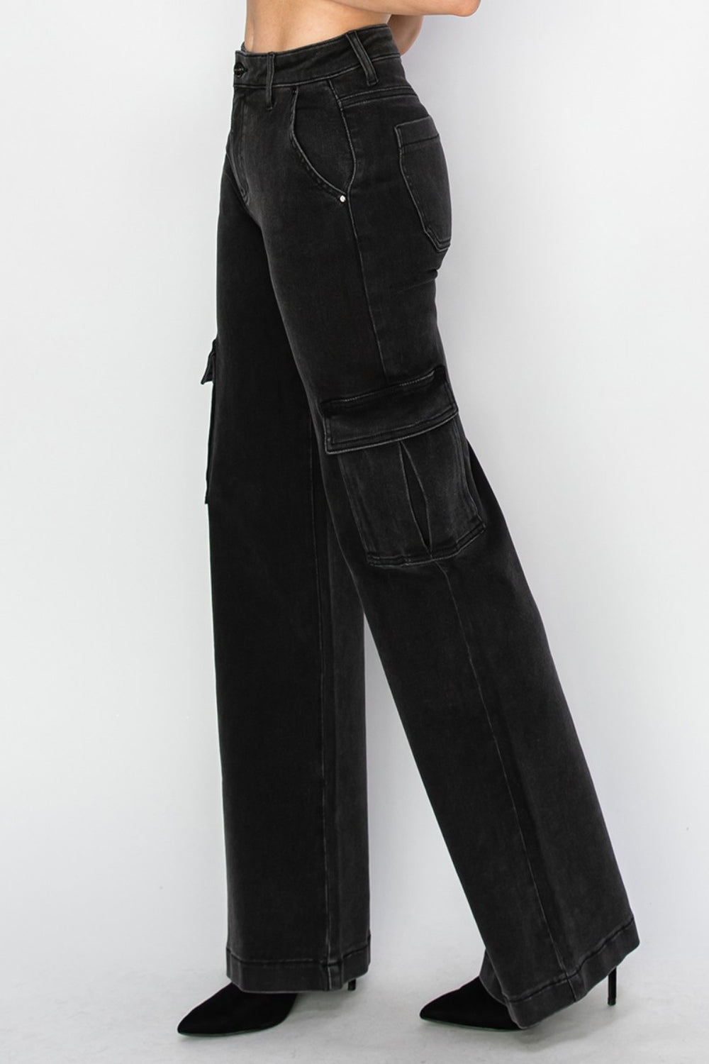 Risen Wide Leg Cargo Jeans in Washed Black