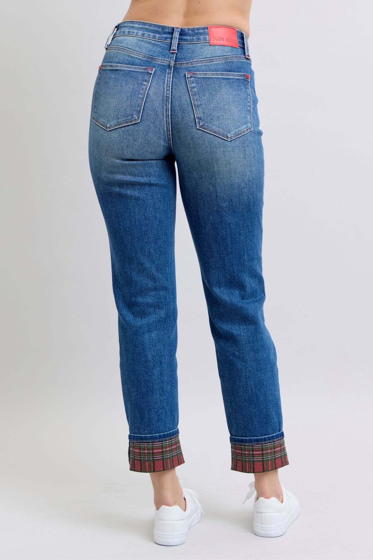 Judy Blue Plaid Cuff Straight Leg Jeans