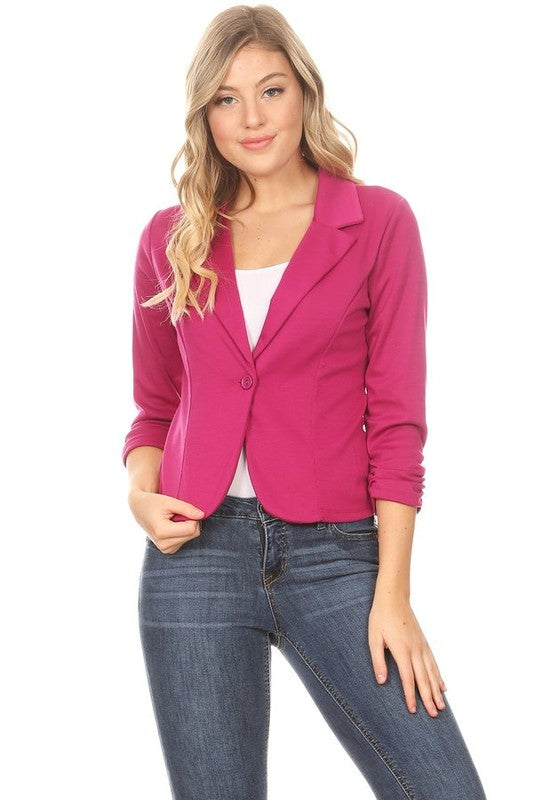 Hip Length Ruched Sleeve Single Button Blazer - 14 Color Options