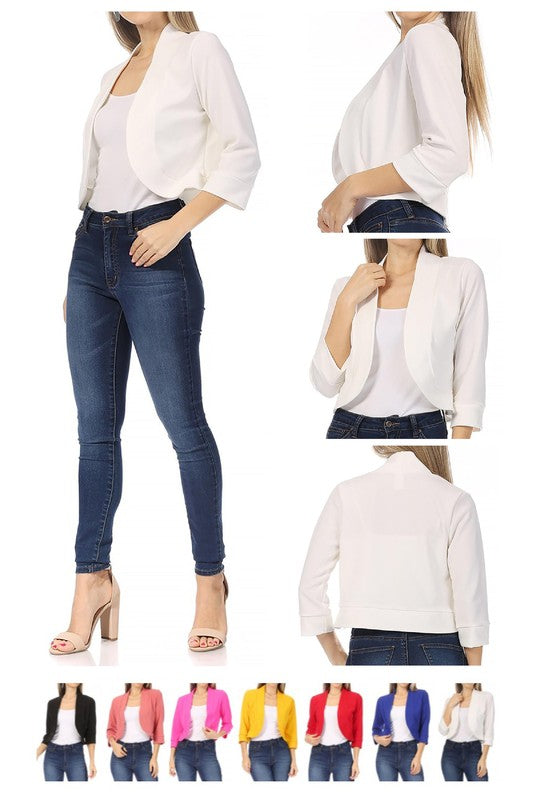 Cropped Bolero 3/4 Sleeve Solid Blazer - 9 Color Options