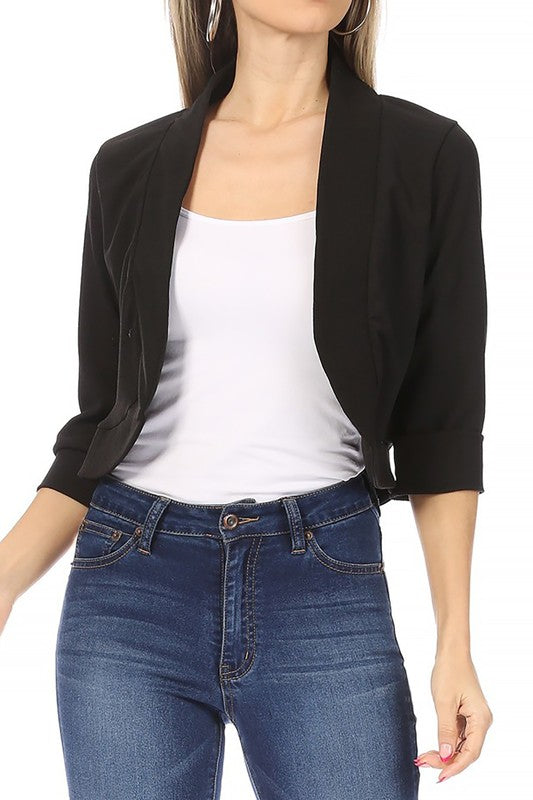 Cropped Bolero 3/4 Sleeve Solid Blazer - 9 Color Options