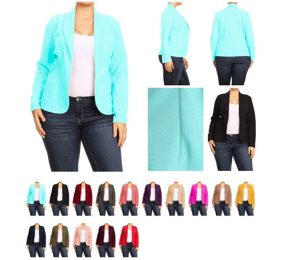 Mid Length Open front Long Sleeve Blazer - 16 Color Options