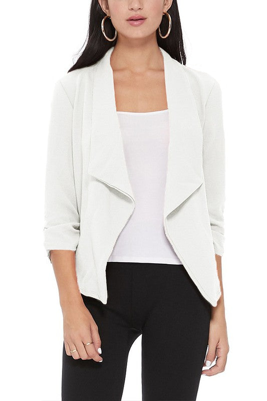 Waterfall Ruched 3/4 Sleeve Solid Blazer - 16 Color Options