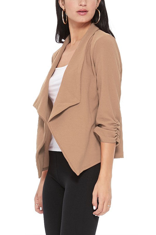 Waterfall Ruched 3/4 Sleeve Solid Blazer - 16 Color Options