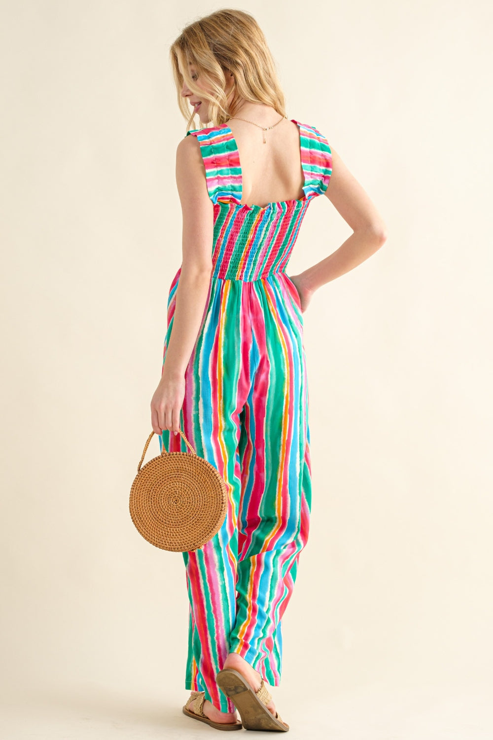 Striped Smocked Sleeveless Jumpsuit