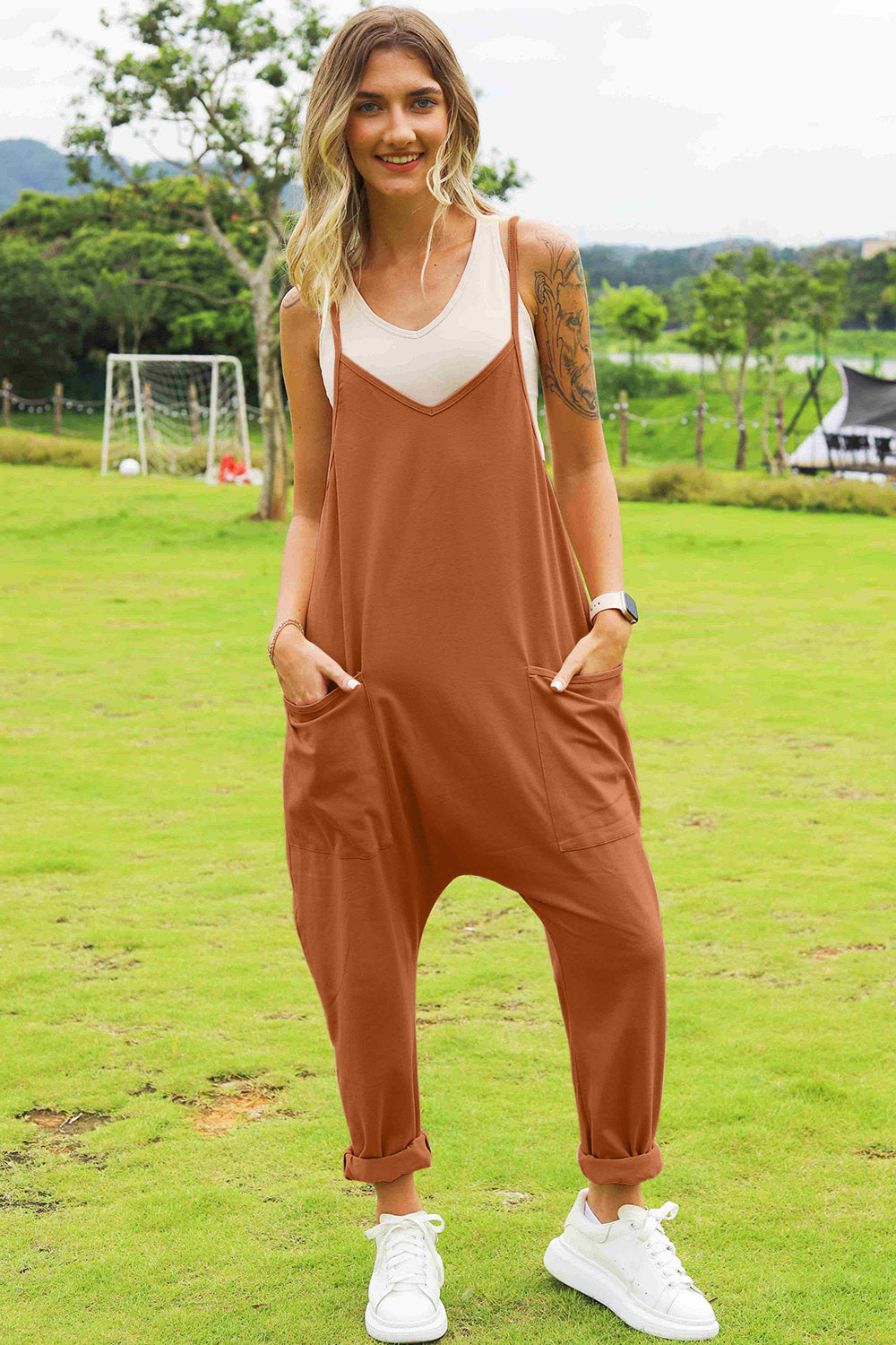 Boho Relaxed Tank Patch Pocket Jumpsuit - 4 Color Options