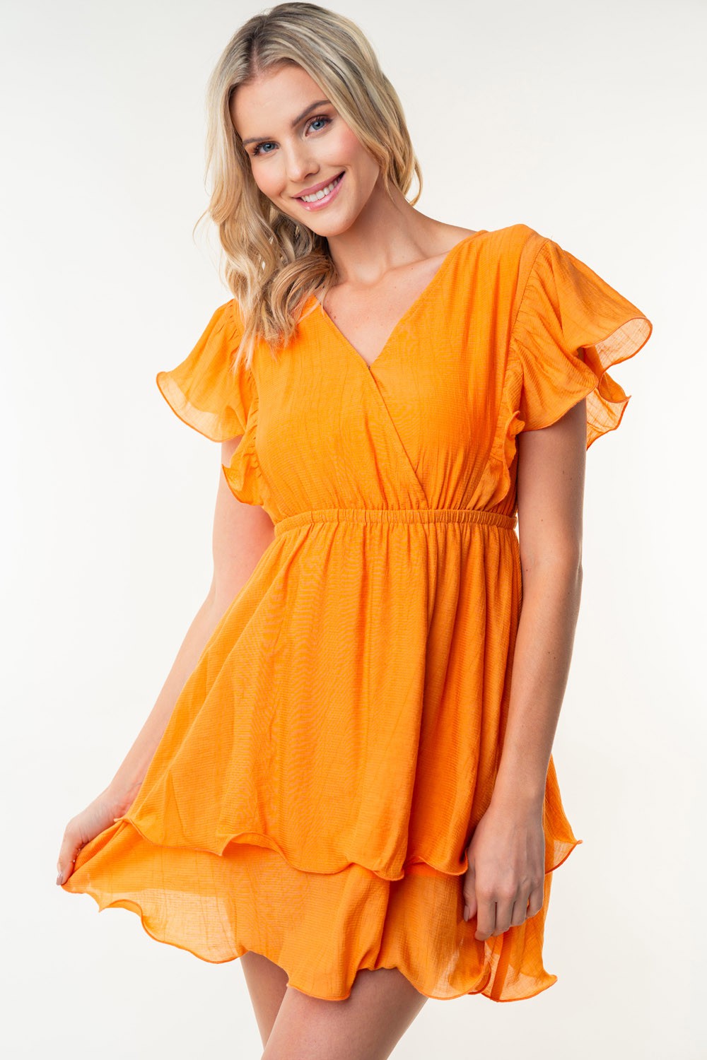 Short Sleeve Woven Layered Dress in Apricot