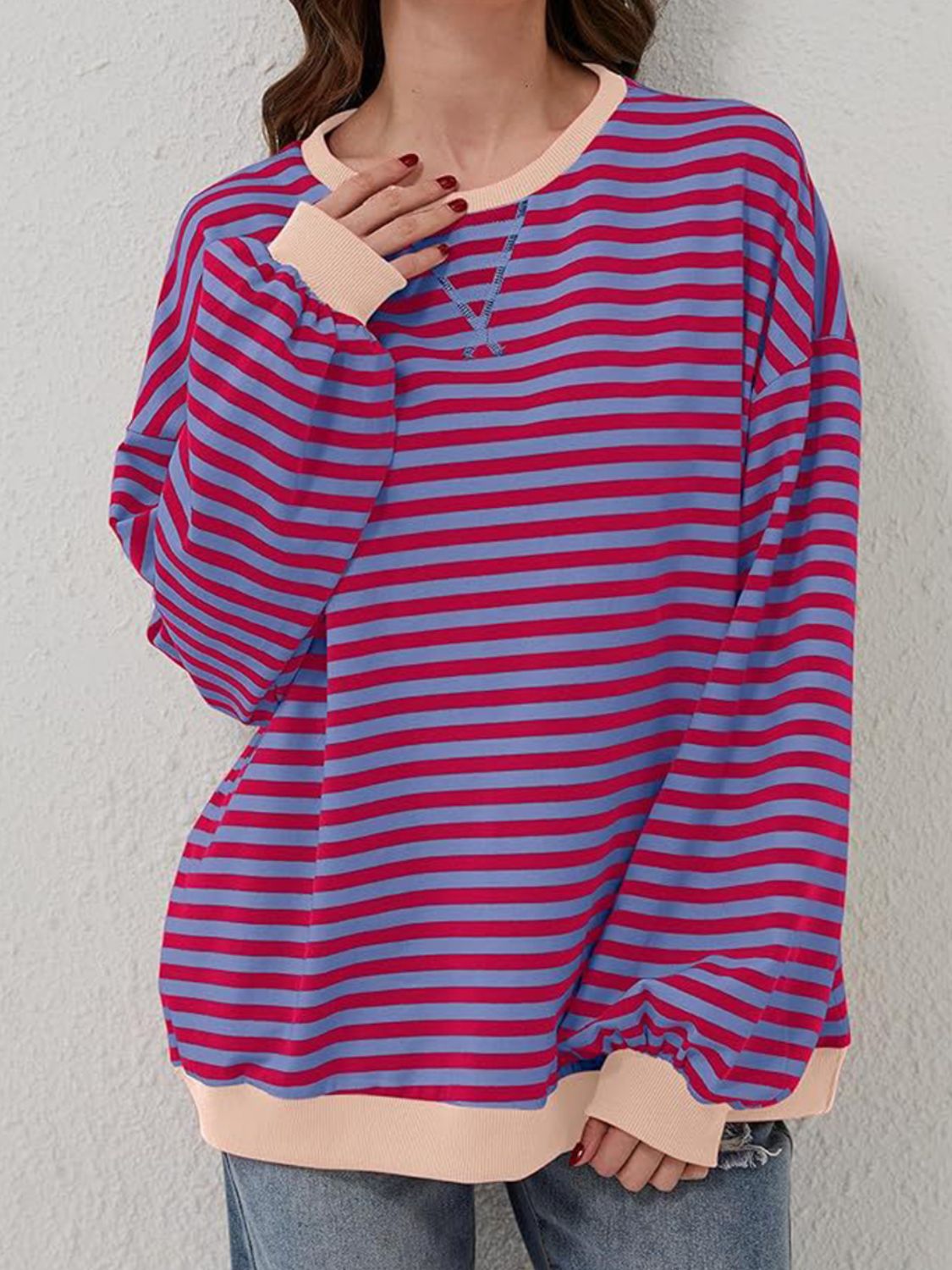 Contrast Striped Long Sleeve Oversized T-Shirt