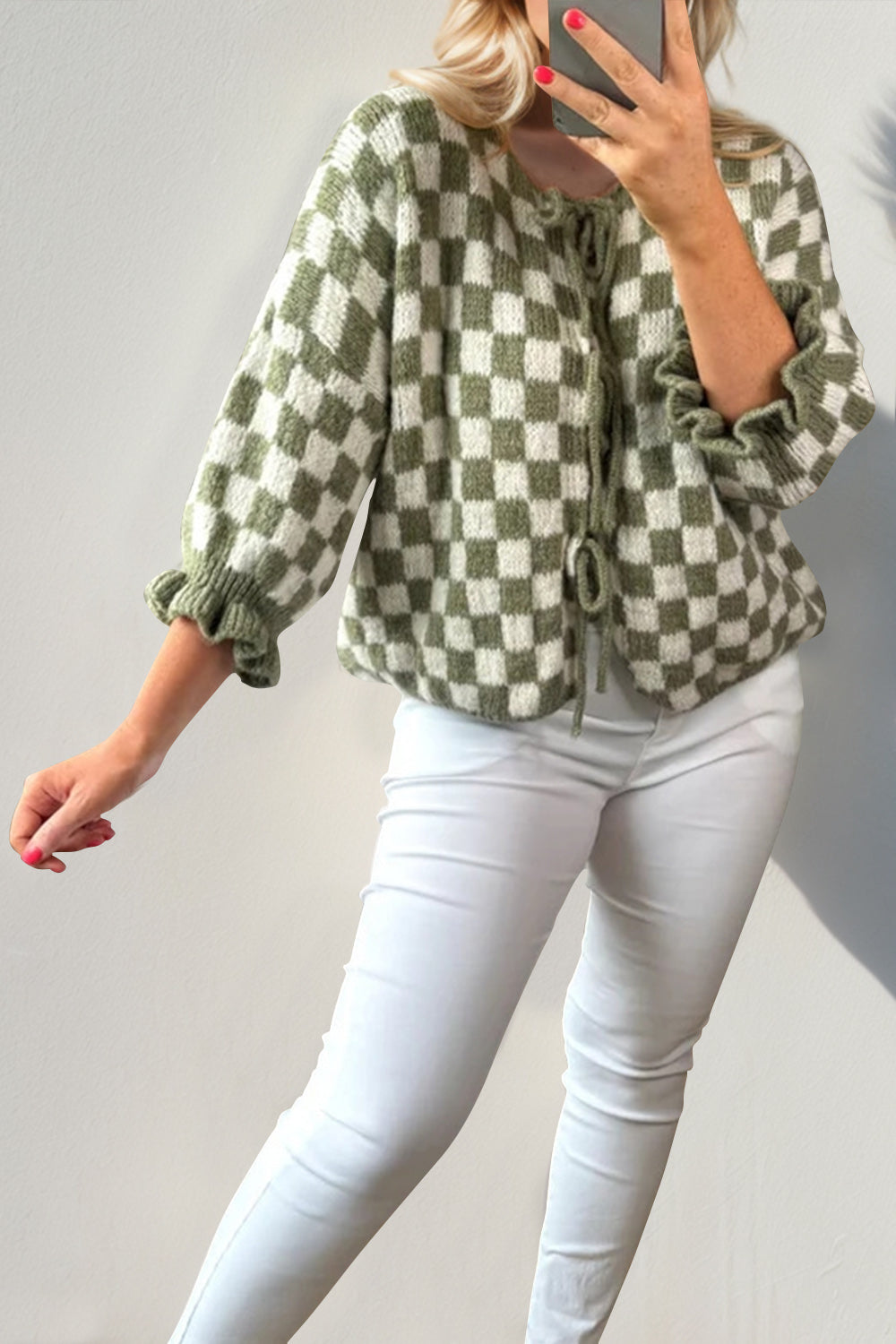 Tied Checkered Flounce Sleeve Cardigan - 7 Color Options