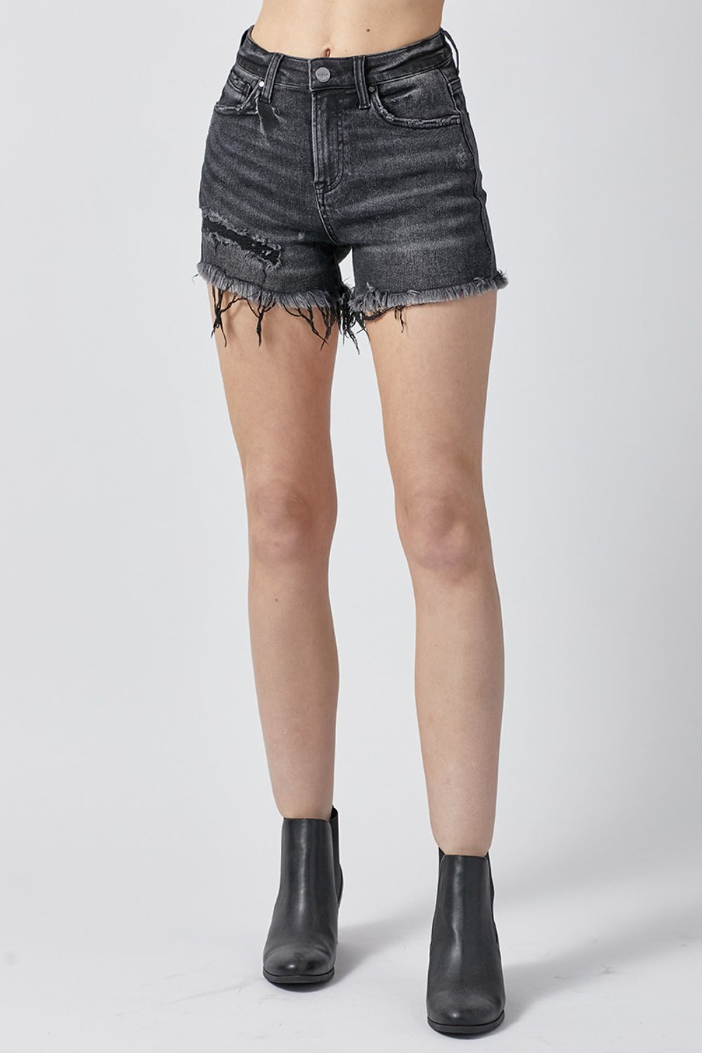 RISEN Raw Hem Denim Shorts with Pockets in Washed Black