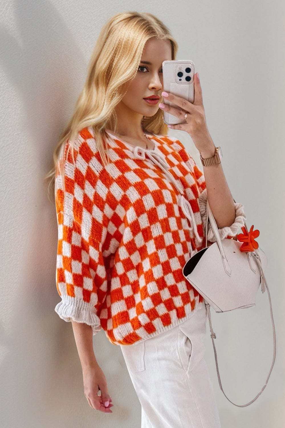 Tied Checkered Flounce Sleeve Cardigan - 7 Color Options