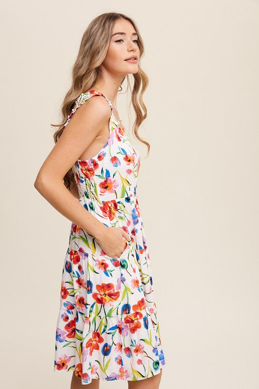 Floral on White Square Neck Tiered Dress