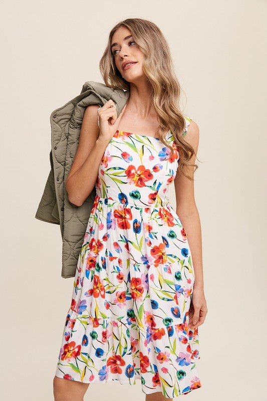 Floral on White Square Neck Tiered Dress